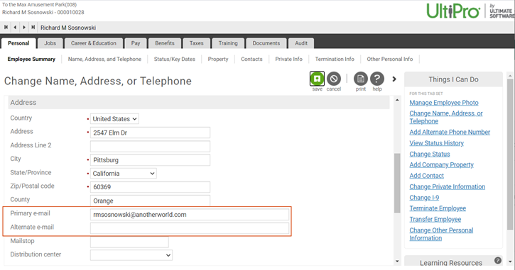 Employee Record in UKG Pro. Image shows Address section with Primary E-Mail and Alternate Email highlighted. 