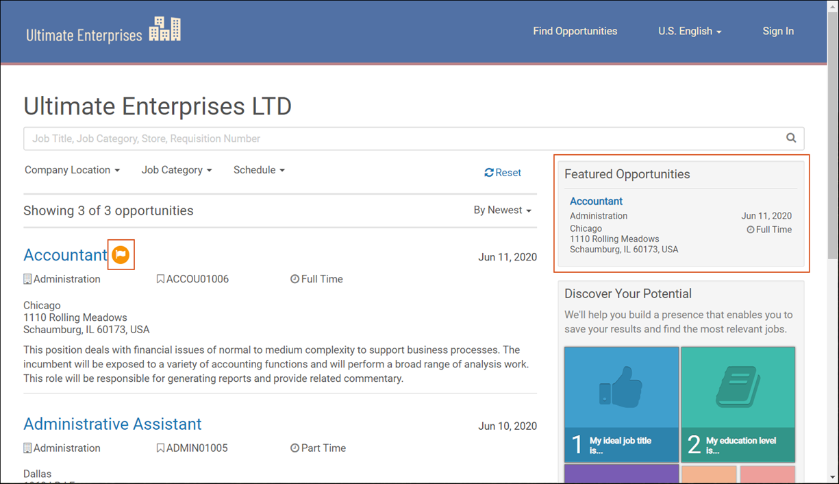 Job Board. Image displays a section below the search bar titled, Featured Opportunities, and displays a featured opportunities name, category, location, posted date, and schedule.