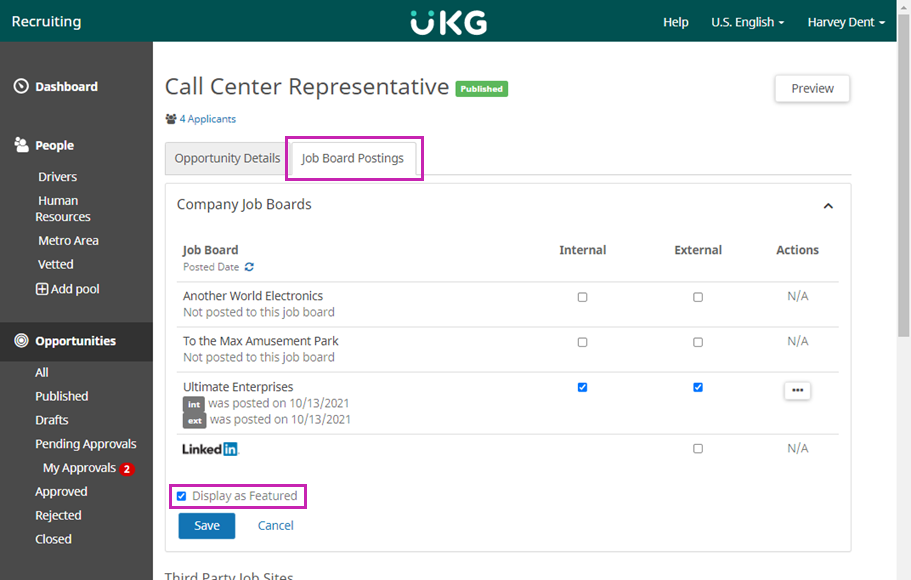 Opportunity, Job Board Postings tab. Image displays a list of job boards with Internal and External check boxes for each job board. Below the list is a check box for Display as Featured.