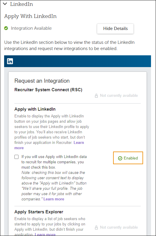 Apply With LinkedIn settings indicating that the integration is enabled