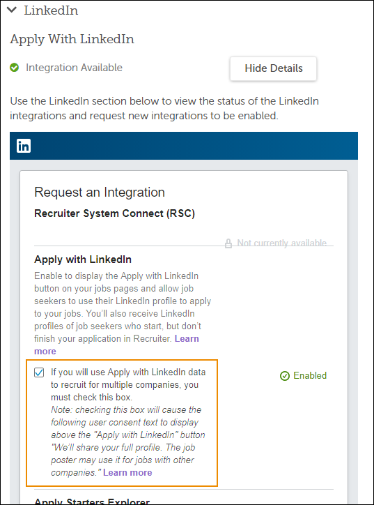 Checkbox indicating that Apply With LinkedIn user data may be used for multiple companies