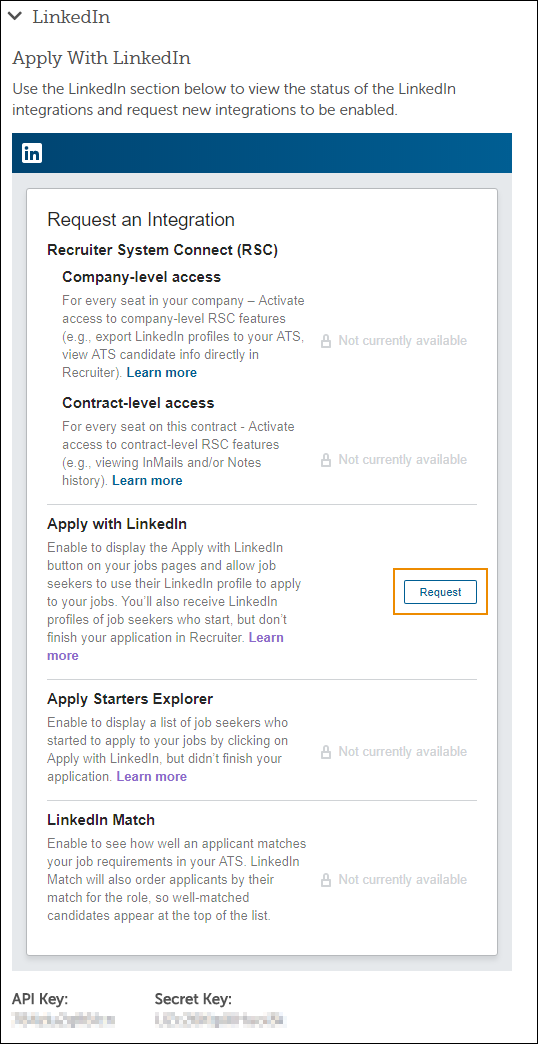 Request activation of the Apply With LinkedIn integration in the widget