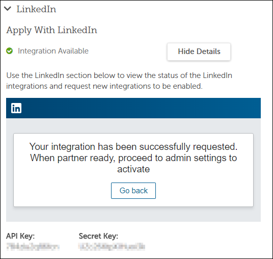 Message indicating success of the Apply With LinkedIn integration request