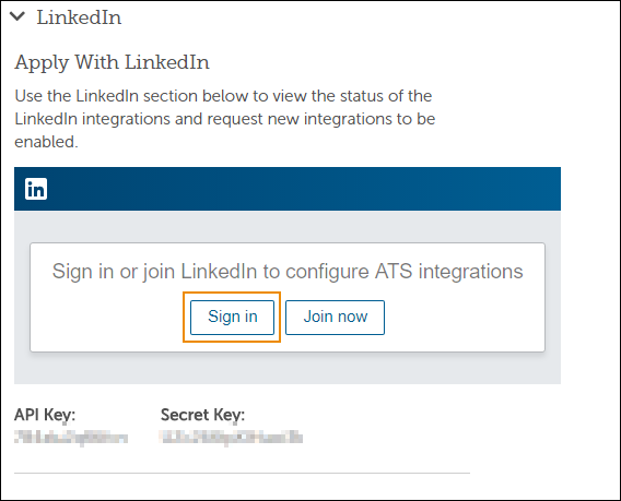 Sign In using the LinkedIn widget in Settings