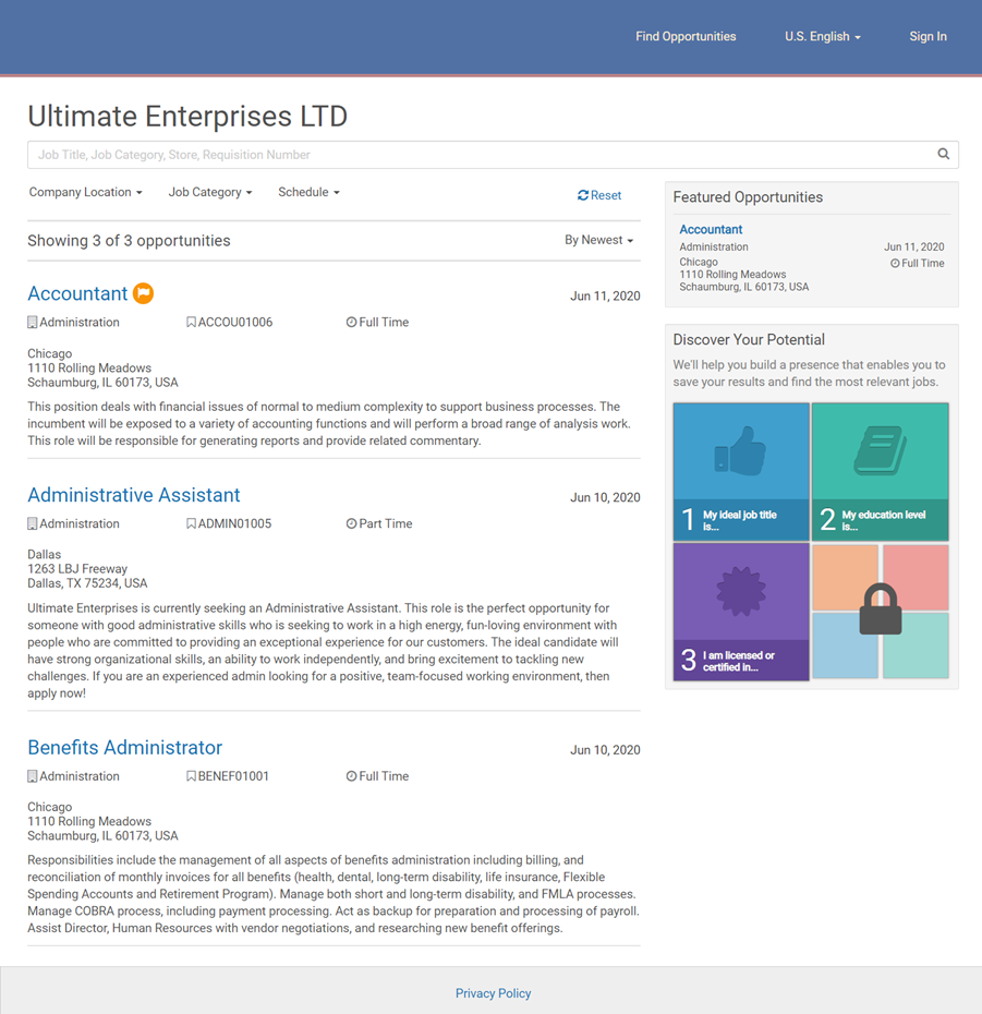 Job Board. Image displays the following in the top section: company logo, Find Opportunities link. Language Link, Sign In link, job board title, and search bar. The left section lists the opportunities. The right section includes an Activate Job Alerts For This Search button, a Featured Opportunities box, and a Discover Your Potential box.