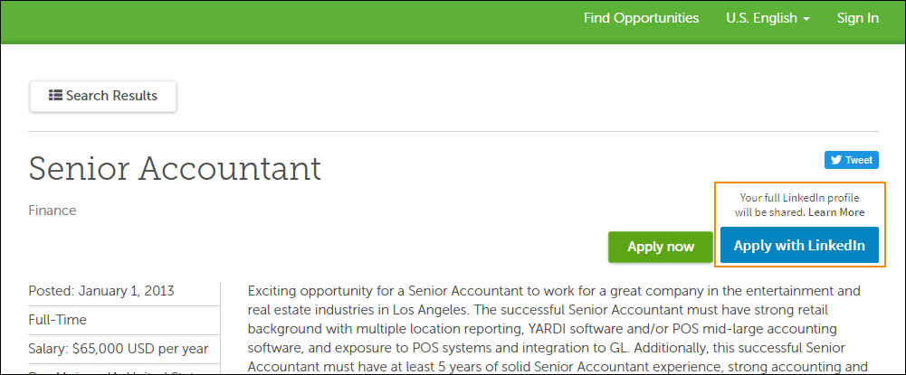 Apply With LinkedIn button on a job board