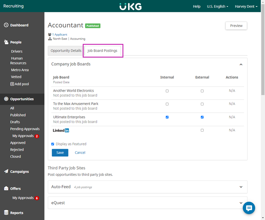 Opportunity. Image displays Job Board Postings tab which includes a list of job boards. Each job board includes a check box for Internal and External, and an Actions icon.