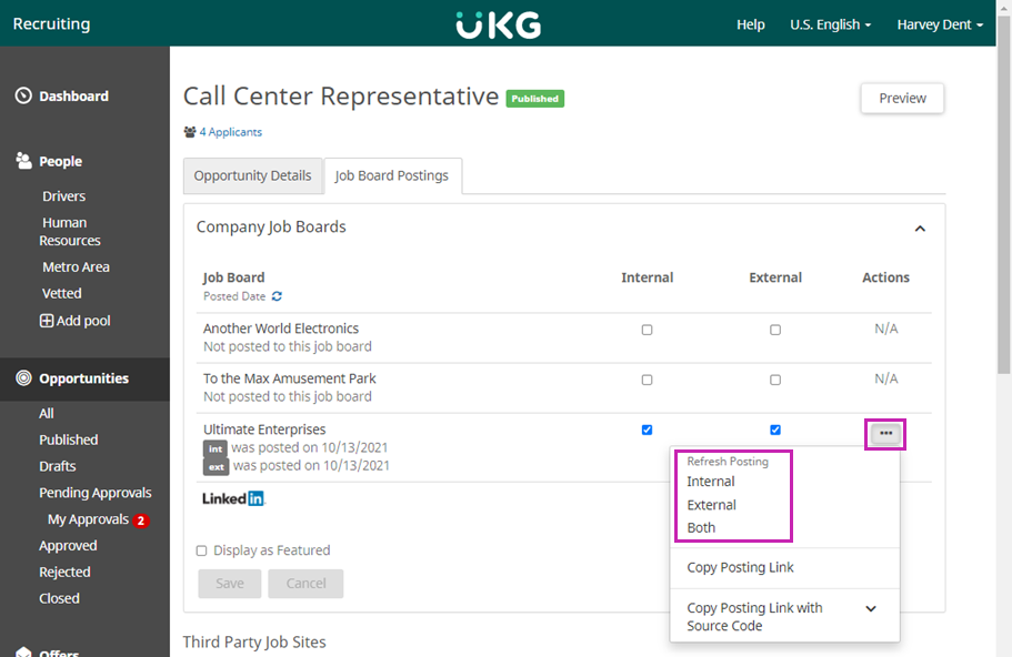 Job Board Postings tab of an opportunity. Image displays list of job boards. For Ultimate Enterprises LTD job board, the Ellipses icon is selected showing Internal, External, and Both options.