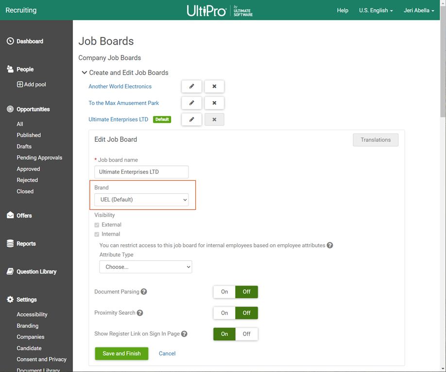 Job Board Settings page. Image displays Edit Job Boards section for the Ultimate Enterprises LTD job board. There is a field for the Job Board Name, a drop-down list to select a brand, Visibility check boxes for external and internal, drop-down lists for qualifiers and a Save and Finish button.