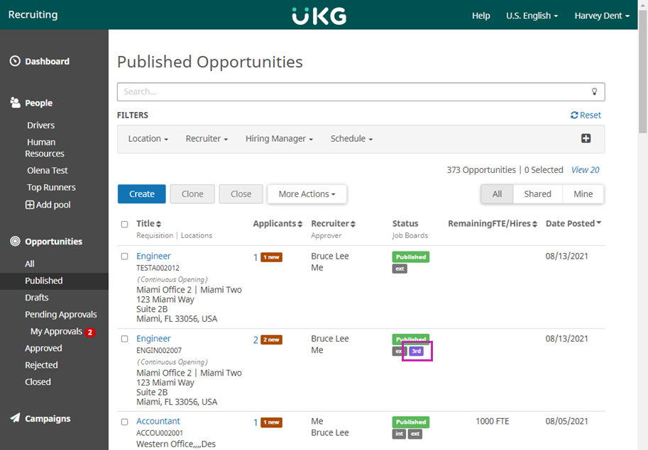 Published Opportunities page. Image displays a table of opportunities. For the Directory of Sales opportunity, the Status & Job Boards column displays an icon for LinkedIn.