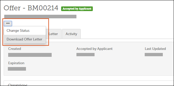 Download Offer Letter option in the action menu of an offer