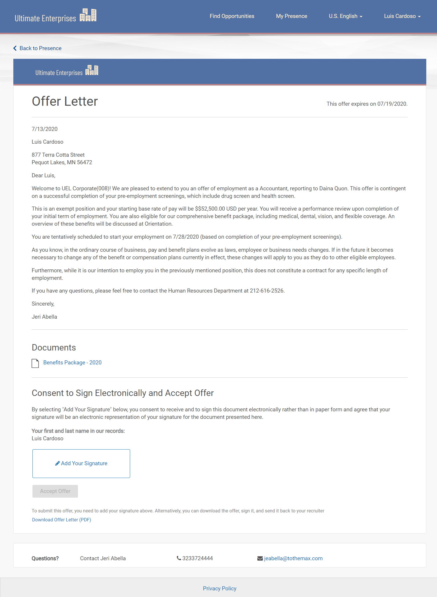 Offer Letter page from Applicant perspective. Image displays the offer letter, documents attached to the offer letter, a section to Consent to Sign Electronically and Accept Offer, a link to download the offer letter, and contact information for the Recruiter.