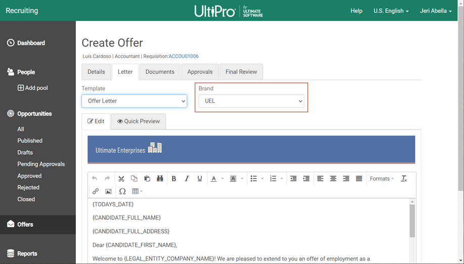 Create Offer Letter page. Image displays Letter tab with a drop-down list to select a brand. 