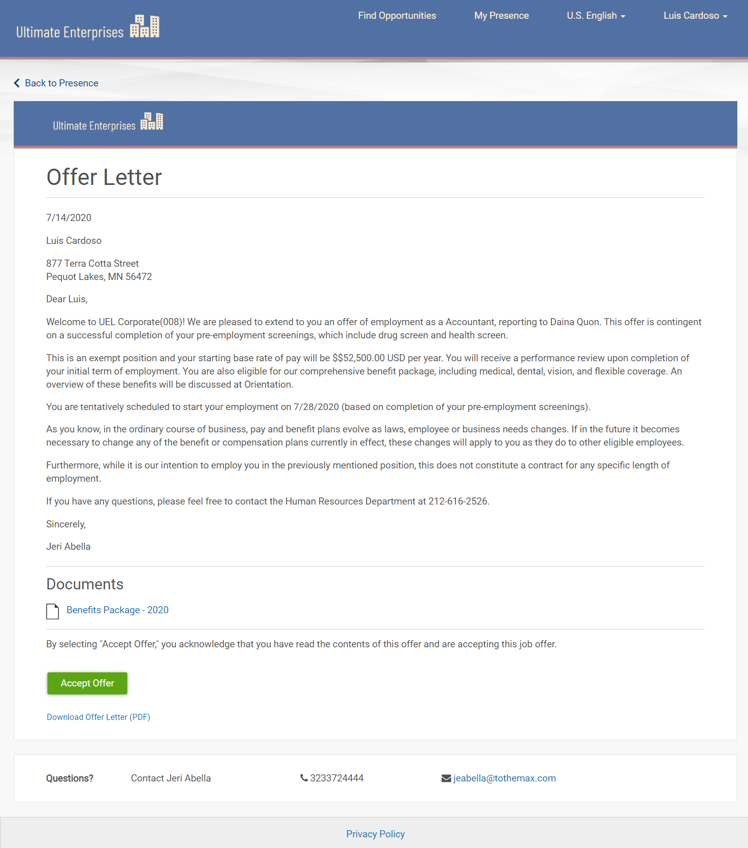 Offer Letter page from Applicant perspective. Image displays the offer letter, documents attached to the offer letter, a button to accept the offer letter, a link to download the offer letter, and contact information for the Recruiter.