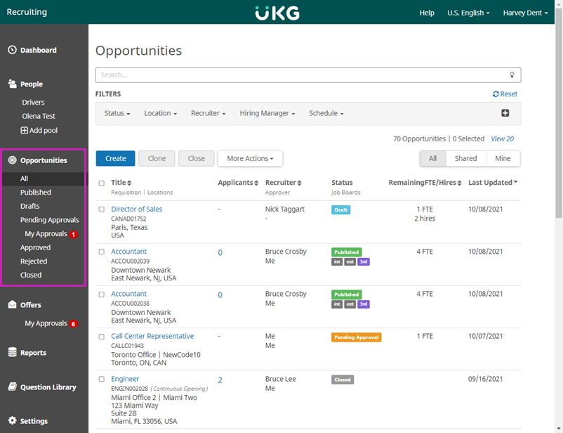 Opportunities page. Image displays a table of opportunities with the following information: Title, Requisition, Locations, Applicants, Recruiter, Approver, Status, Job Boards, Remaining FTE, Number of Hires, Last Updated Date.