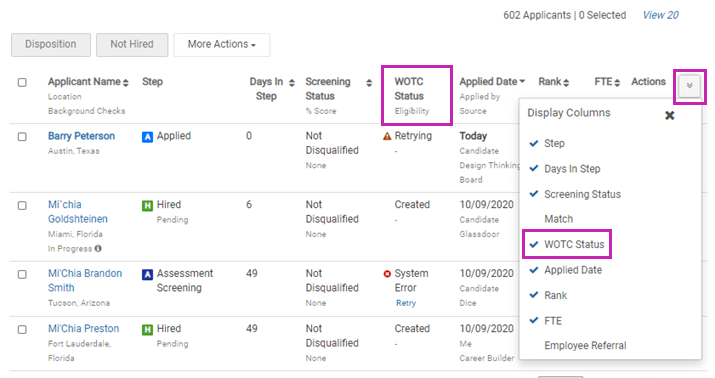 The list of applicants for an Opportunity, showing the WOTC Status column and the column selection menu