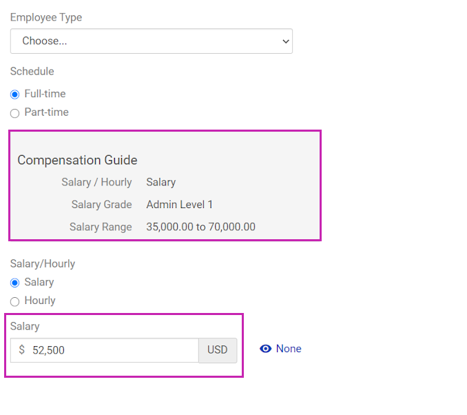 Draft Opportunity with a Compensation Guide section showing Salary/Hourly, Salary Grade, and Salary Range values that correspond to the Opportunity's job code.