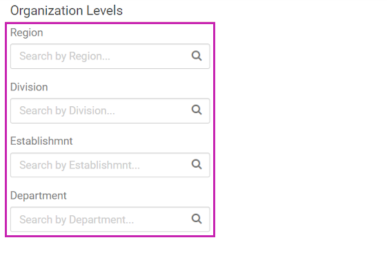 Organization Levels fields in a draft Opportunity. There are four levels labelled Region, Division, Establishment, and Department (your organization might use different labels). Each level has a search field, which offers search suggestions based on the values set up in UKG Pro.