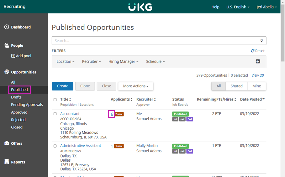 Opportunities page. Image displays list of opportunities, with the columns: Title, Applicants, Recruiter, Status, and Last Updated. For the Customer Support Rep opportunity, the Applicant's column displays the number, one.