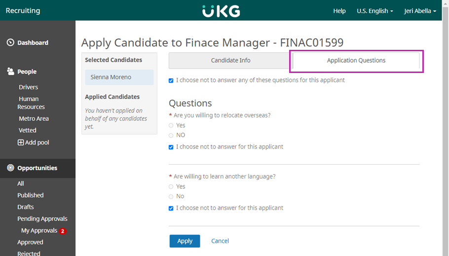 Apply Candidate to Opportunity page. Image displays the Application Questions tab which includes a check box for I Choose Not to Answer Any of These Questions For This Applicant. It also displays the application questions configured on the opportunity and an Apply button.