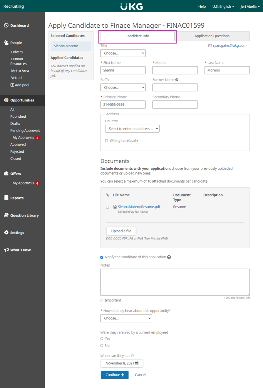 Apply Candidate to Opportunity page. Image displays the Candidate Info tab. This tab includes the fields: Title, First Name, Middle, Last Name, Suffix, Former Name, Primary Phone, Secondary Phone, Country, Address 1, Address 2, City, State/Province, Zip/Postal Code, and a check box for Willing to Relocate. The Documents section provides the option to upload a file. There is a check box for Notify the Candidate of this Application, and a Notes field. There are also three questions: How Did They Hear About This Opportunity, Were They Referred by a Current Employee, and When Can They Start. Image also displays Continue and Cancel buttons.