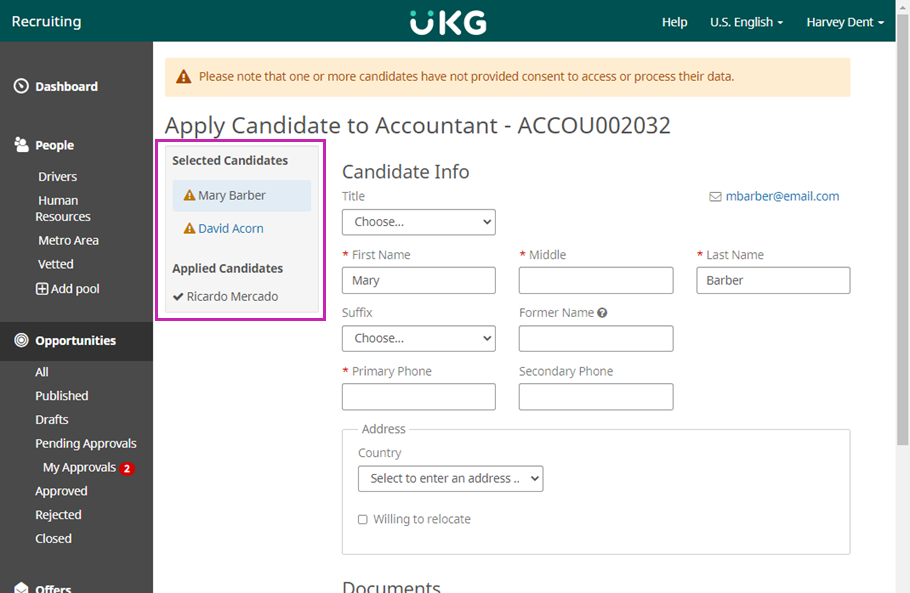 Apply Candidate to Opportunity page. Image displays a Selected Candidates section with two names listed and an Applied Candidates section with one name listed.