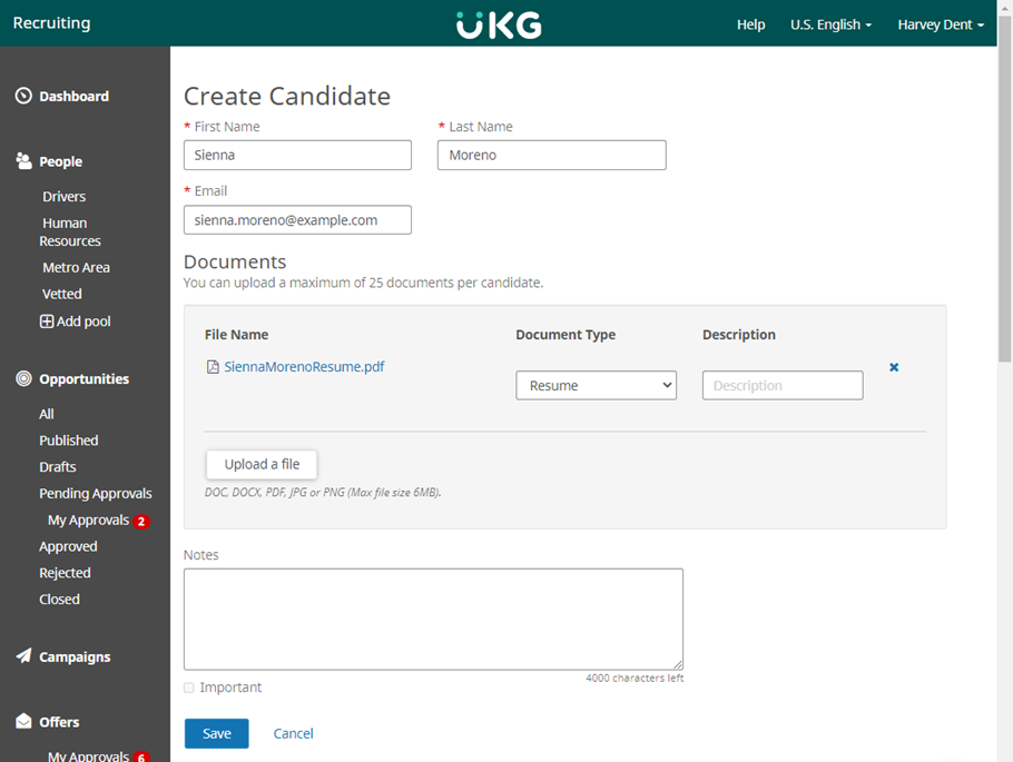 Create Candidate page. Image displays the following fields: First Name, Last Name, Email, and Primary Phone Number. The Documents section provides the option to upload a file. There is a Notes field and a Save button.