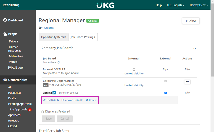 Job Board Postings tab of an opportunity. Image displays a table with rows for each job board. The last row is for LinkedIn. Below the row are links for Edit Details, View on LinkedIn, and Renew. 
