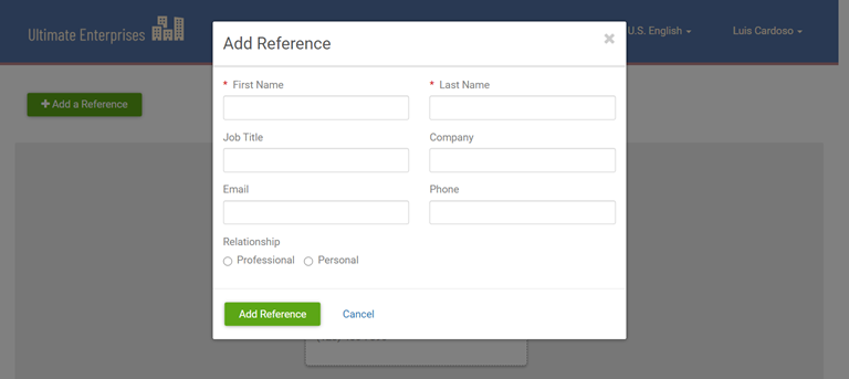 Presence. Image displays Add Reference window with fields for First Name, Last Name, Job Title, Company, Email, Phone, and Relationship. 