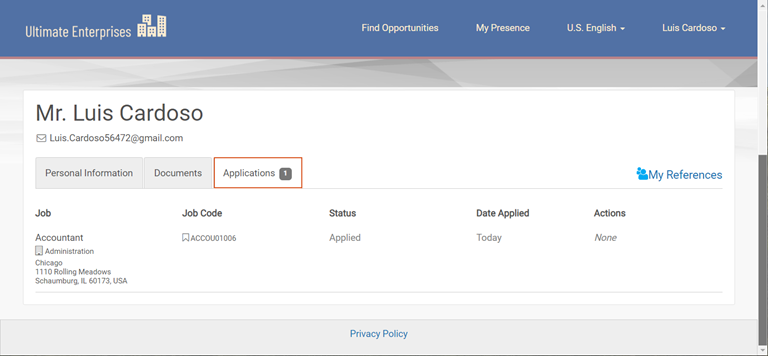 Presence. Image displays the Applications tab. This tab shows one application for the Benefits Administrator opportunity.