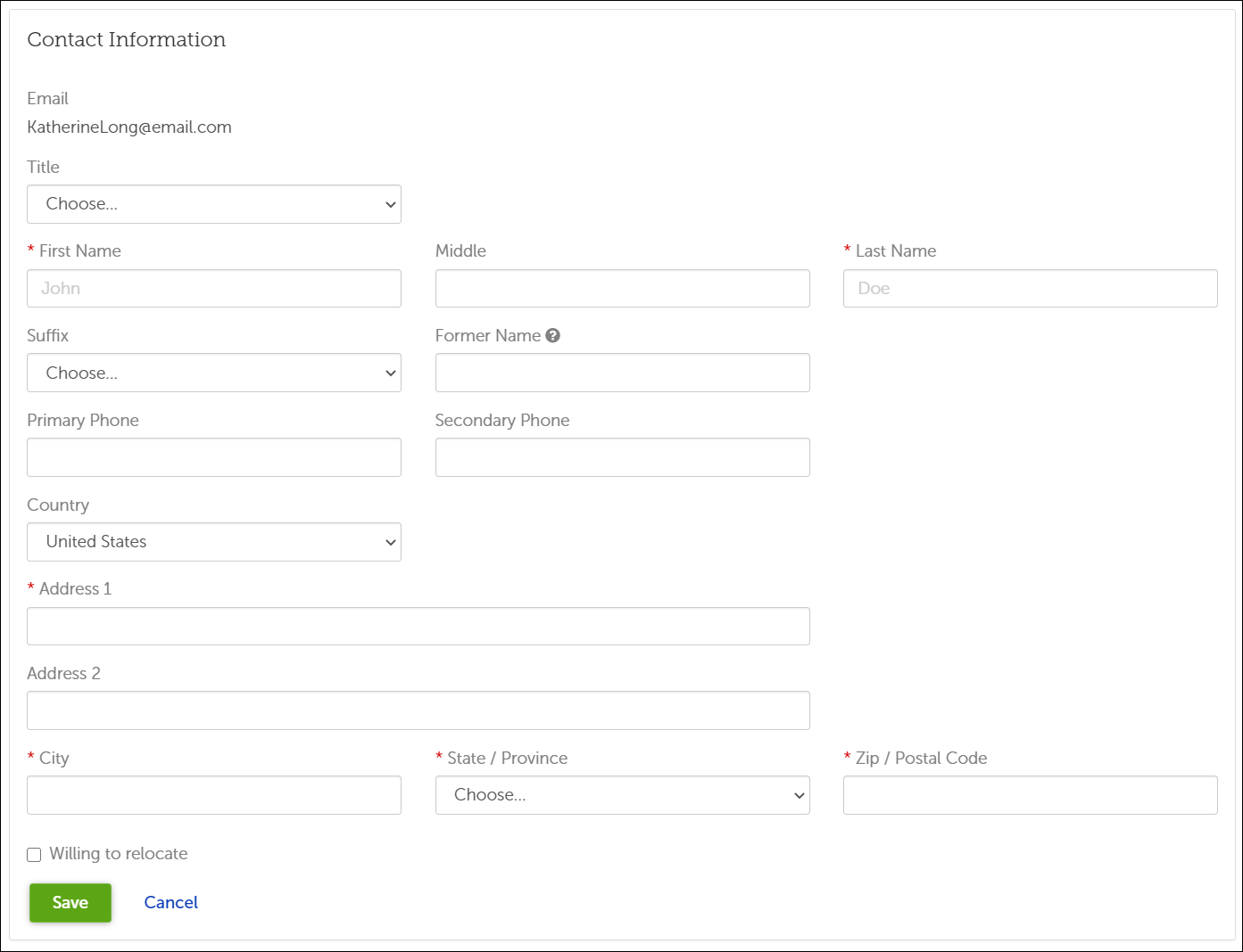 Presence. Image displays the following field: Title, First Name, Middle, Last Name, Suffix, Primary Phone, Country, Address 1, Address 2, City, State, Zip, and Willing to Relocate.