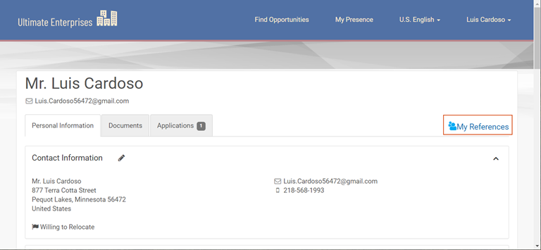 Presence. Image displays the Personal Information tab, which includes a My References link.