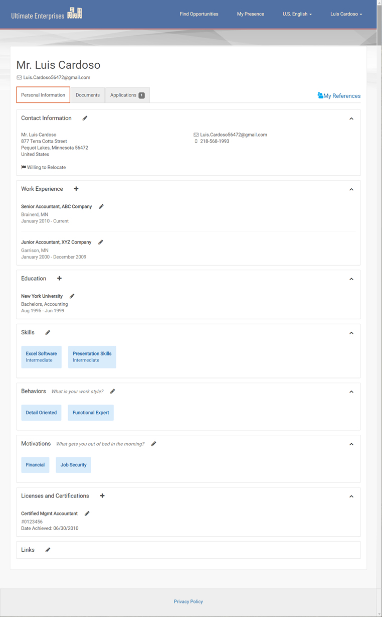 Presence. Image displays the Personal Information tab. This tab includes contact information, work experience, education, Skills, behaviors, motivations, license and certifications, and links.