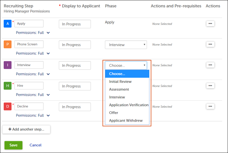 Phase drop-down selector for the Interview step in a recruiting process