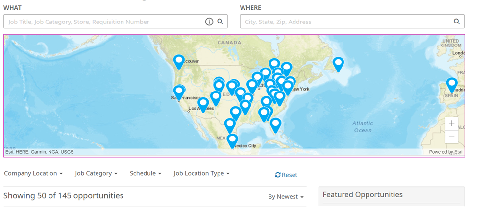 Job Board. Image displays a map of the candidate's location and filters results accordingly.  