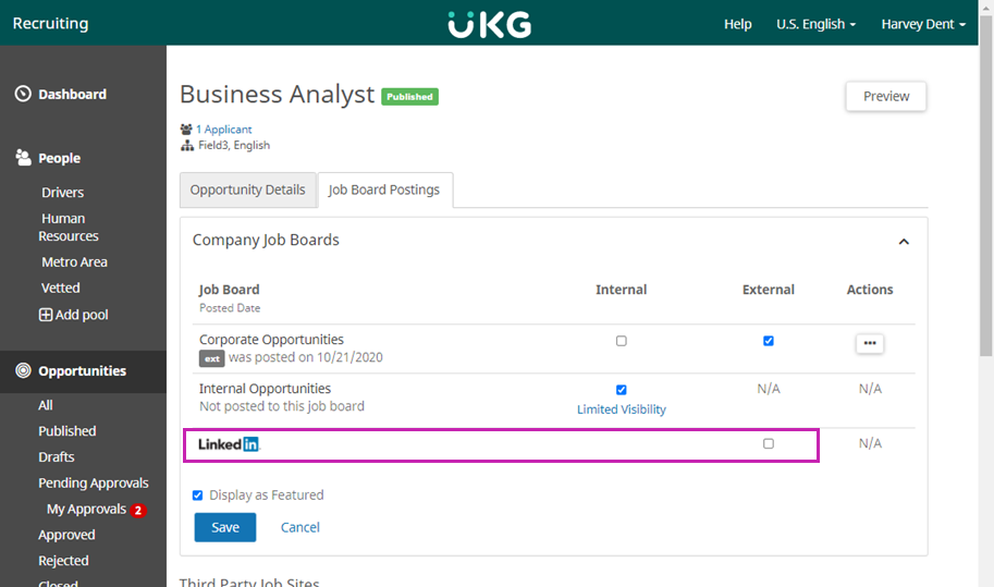 Job Board Postings tab of an opportunity. Image displays a table with rows for each job board. The last row is for LinkedIn with a check box in the External column.