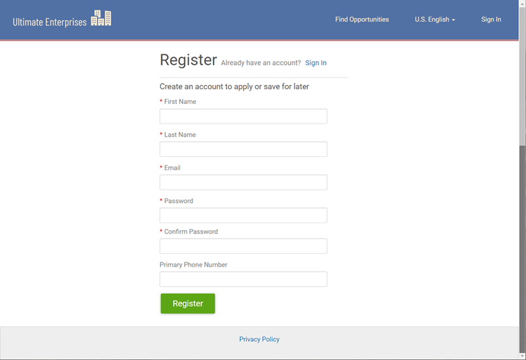 Register page on a Job Board. Image displays the following fields: First Name, Last Name, Email, Password, Confirm Password, and Primary Phone Number. It also displays a Register button.