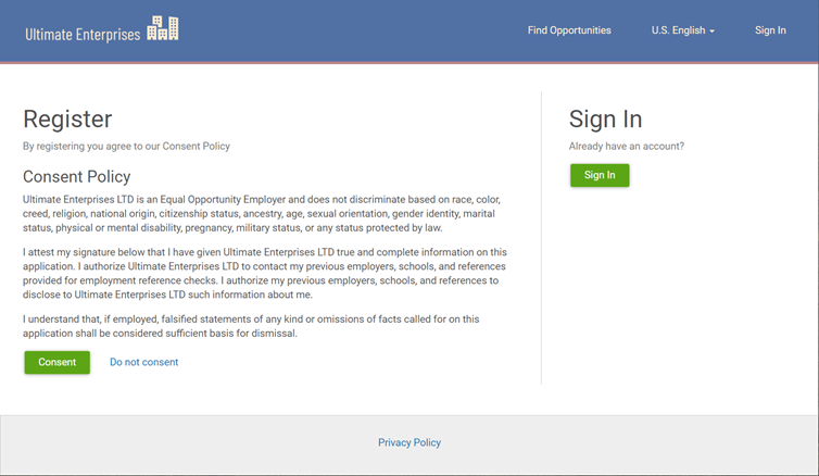 Register page on a Job Board. Image displays a consent policy, a Consent button, and a Do Not Consent link. 