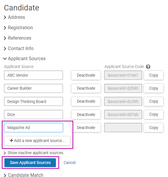 Applicant Sources section of the Candidate page in Settings.