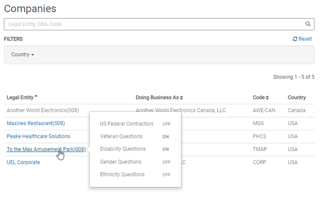 The Companies settings page, shown with the mouse cursor over a legal entity name. A popup shows the following settings: US Federal Contractors is Off, Veteran Questions is On, Disability Questions is On, Gender Questions is Off, Ethnicity Questions is Off.