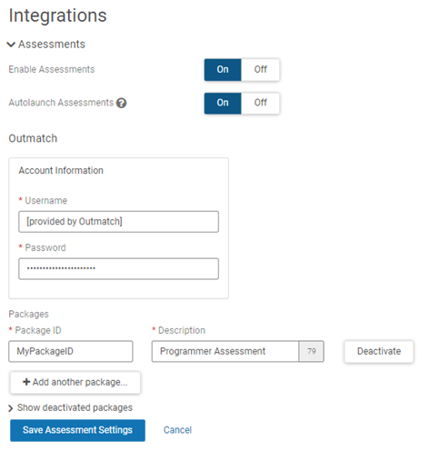 Outmatch Assessments settings in Recruiting