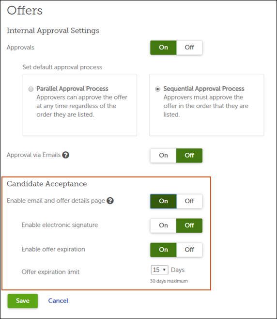 Candidate Acceptance settings