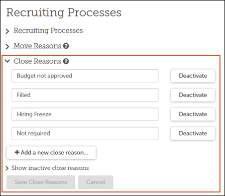 Close Reasons section in Recruiting Process settings