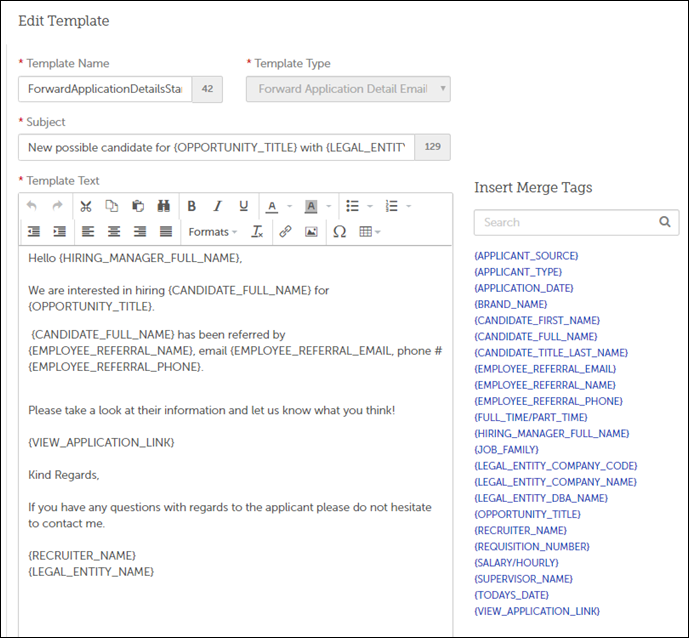 A Forward Application Detail Email template in the template editor