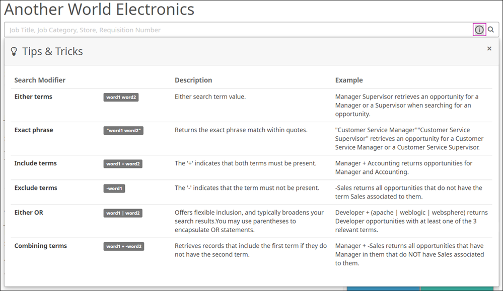 Job Board. Image displays the Tips and Tricks pop-up box.