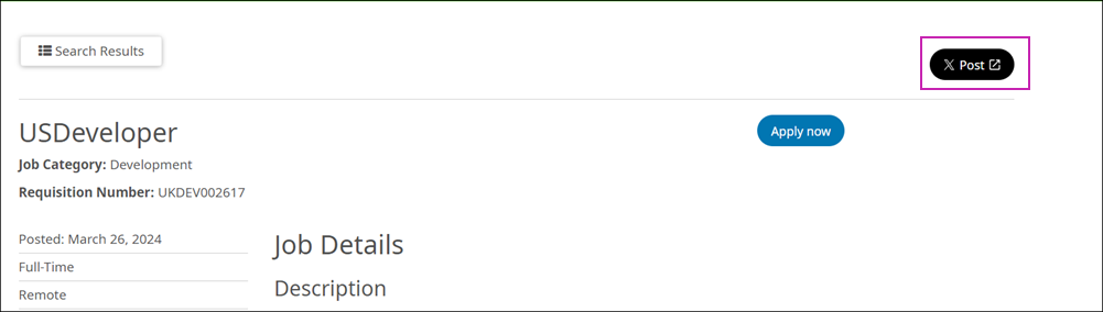 Job Board. Image displays Tweet button above the Apply Now button on an opportunity.