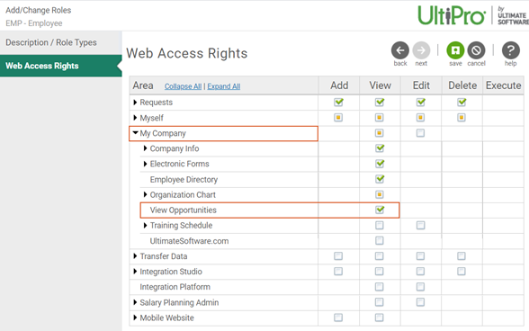 Add Changes Roles wizard. Image displays Web Access Rights page with the View box checked for My Company, View Opportunities. 