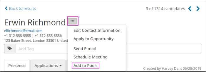 Add to Pools in the action menu on the candidate detail page