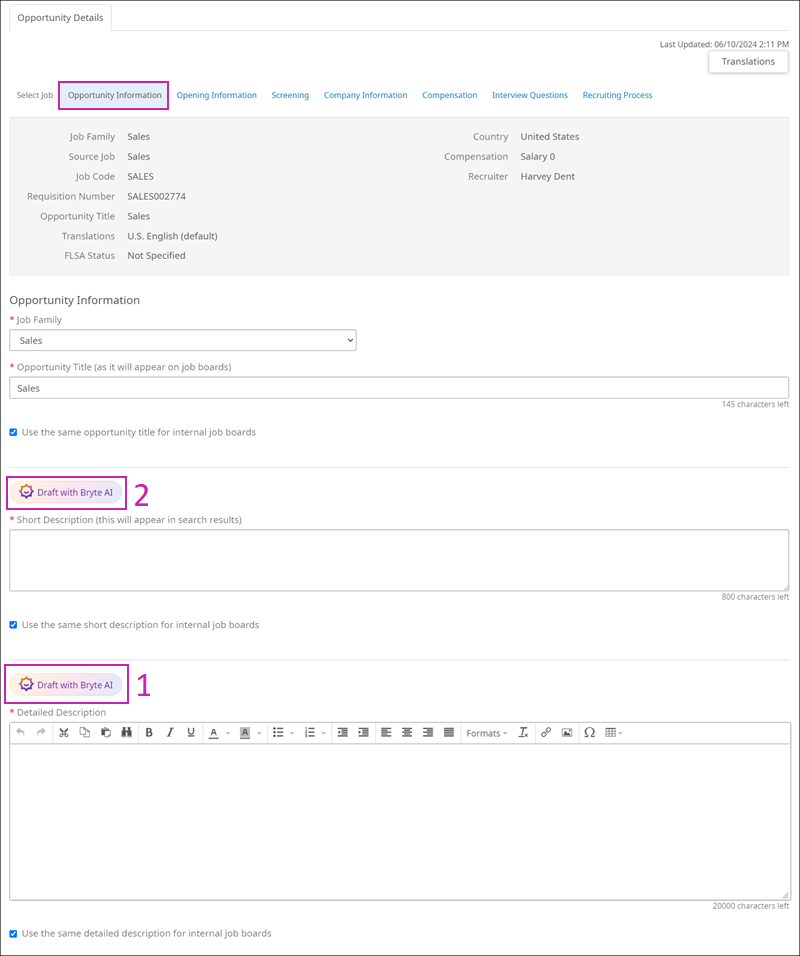 The Opportunity Information tab for an Opportunity. The Draft with Bryte AI button for the Detailed Description is highlighted with a number 1 next to it, indicating this step should be completed first. The Draft with Bryte AI button for the Short Description is highlighted with a number 2 next to it, indicating this step should be done second.