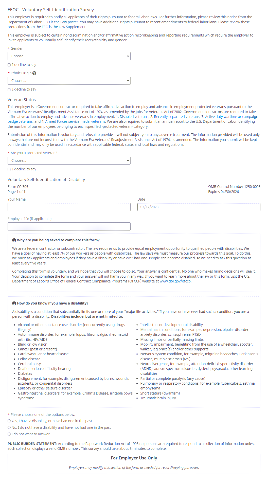 EEOC questions on a sample application form. The form includes standard language asking the applicant to indicate their Gender, Ethnic Origin, Veteran Status, and Disability Status. Applicants can also check a box for each question they decline to answer.